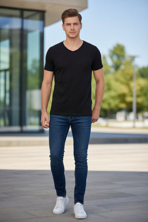 Black V-neck t-shirt on a white background