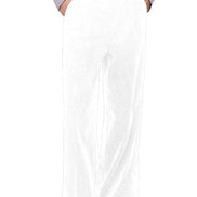 White wide-leg trousers shown on a headless model with a lavender ruffled shirt and black loafers, 