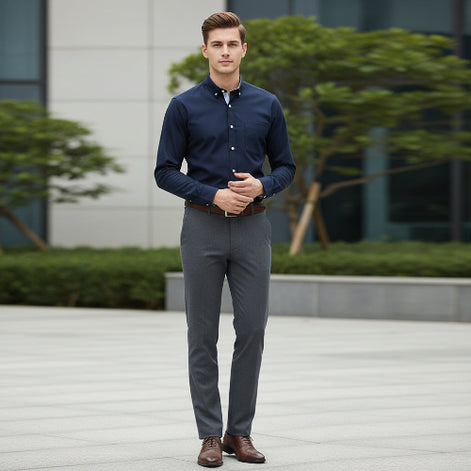 Folded navy blue shirt with white buttons on a light gray background