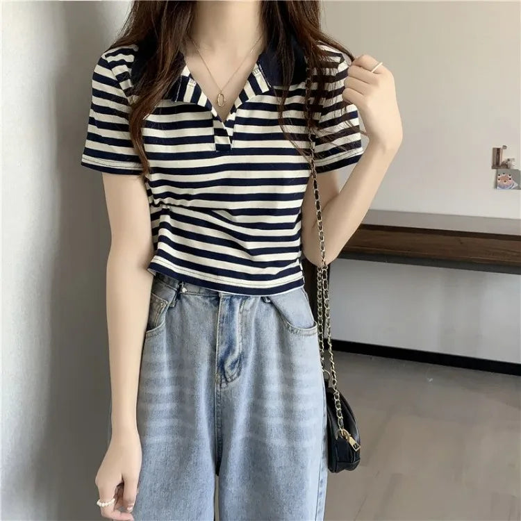 Chic V Neck Short Length Striped Short Sleeve Polo T Shirt For Women Summer 2026 New Niche Top