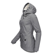 Side view of a gray hooded jacket with white fleece-look hood lining, drawstrings, a buttoned front pocket and ribbed inner cuffs