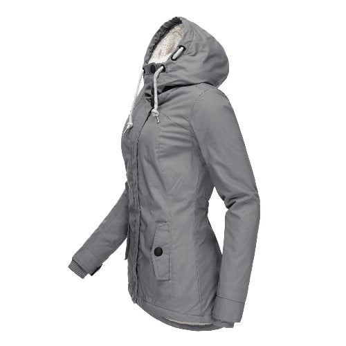 Side view of a gray hooded jacket with white fleece-look hood lining, drawstrings, a buttoned front pocket and ribbed inner cuffs