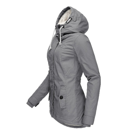 Side view of a gray hooded jacket with white fleece-look hood lining, drawstrings, a buttoned front pocket and ribbed inner cuffs