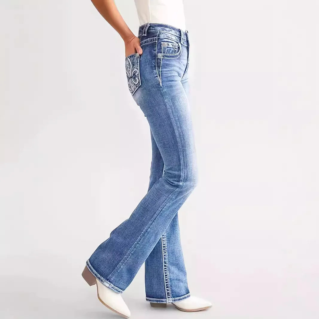 Women Straight Jeans Full Length Jean High Waist Vintage Loose Fit Pockets Embroidery Distressed Washed Trousers Zipper Fly