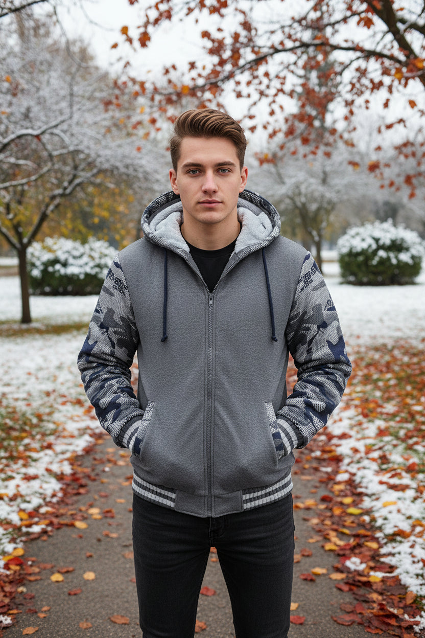 Camouflage hoodie with gray fleece lining on a white background