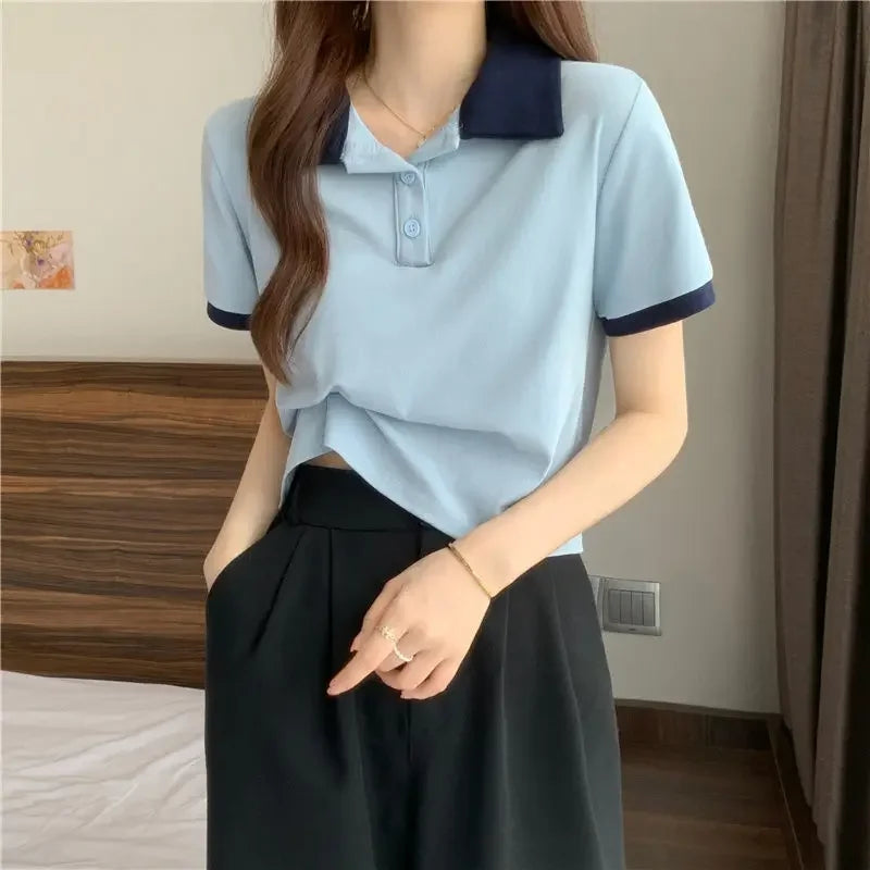 Plain Female Tee Slim Women's Polo Shirts T-shirts Short Sleeve T-shirt in Trend 2025 Youthful Clothes Korean Clothing Elegant