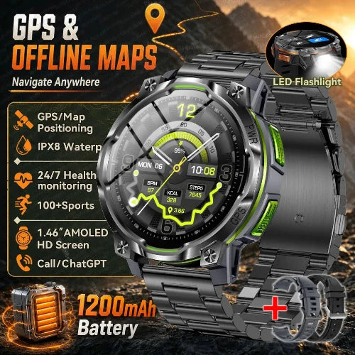 A rugged black smartwatch with a metal link band, shown in a promotional graphic with feature callouts including GPS & offline maps, LED flashlight, IPX8 water resistance, health monitoring, 