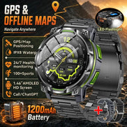 A rugged black smartwatch with a metal link band, shown in a promotional graphic with feature callouts including GPS & offline maps, LED flashlight, IPX8 water resistance, health monitoring, 
