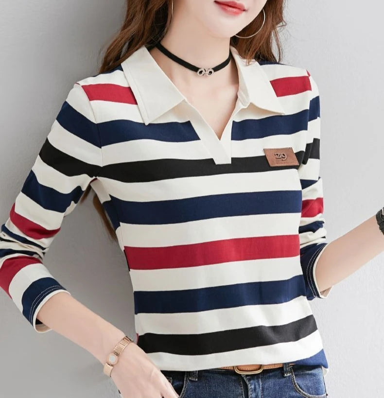 Slimming Striped Polo T-Shirt for Women 100% Cotton Long Sleeve Innerwear for 2026 Transitional Wardrobe
