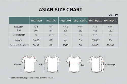 Asian size chart for clothing with measurements and weight recommendations.
