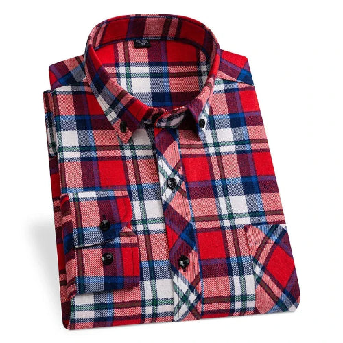 A folded long-sleeve plaid button-down shirt with a red, blue, white, and black tartan pattern, displayed on a clean white background.