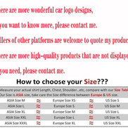 Text and size chart for clothing with contact information and size guide.