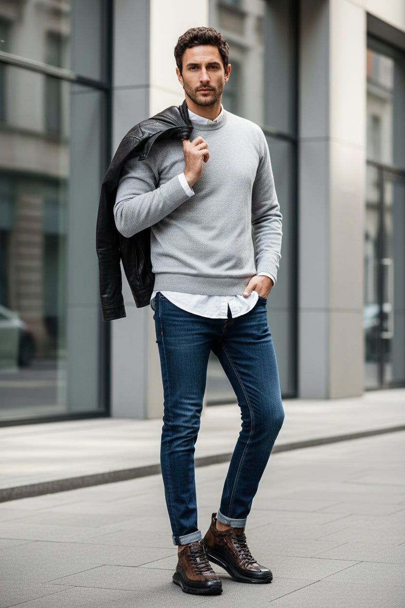 Brown leather shoes with black laces on a neutral background, featuring a man and text 'Comfortable & Elegant'.