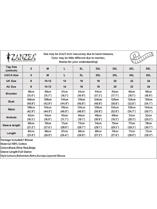 ZANZEA size chart for clothing with measurements in centimeters and inches.