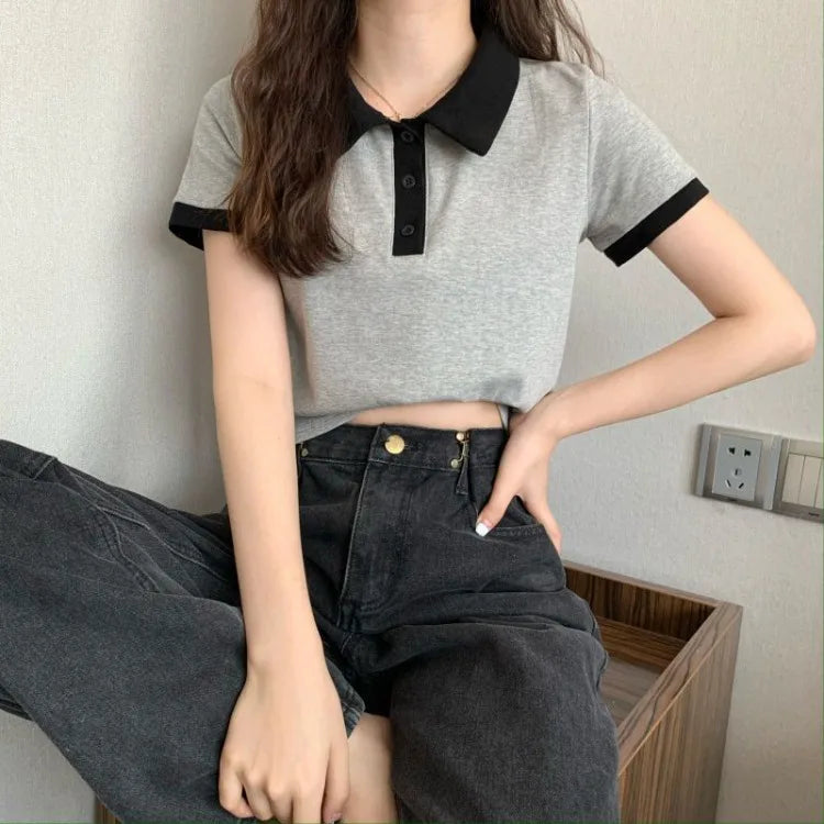 Summer 2026 Women New Arrival Slim Fit Versatile Polo Collar Color Block Short T Shirt Short Sleeve Unique Top Ins Trendy