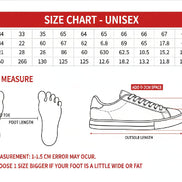 Foot measurement chart for Yang Hui Unisex shoes with size chart and foot length guide.