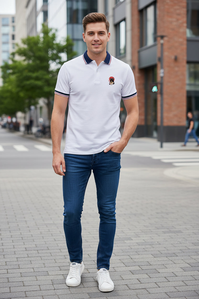 A white short-sleeve polo shirt with a navy blue collar and sleeve trim, featuring a small cartoon graphic on the left chest.