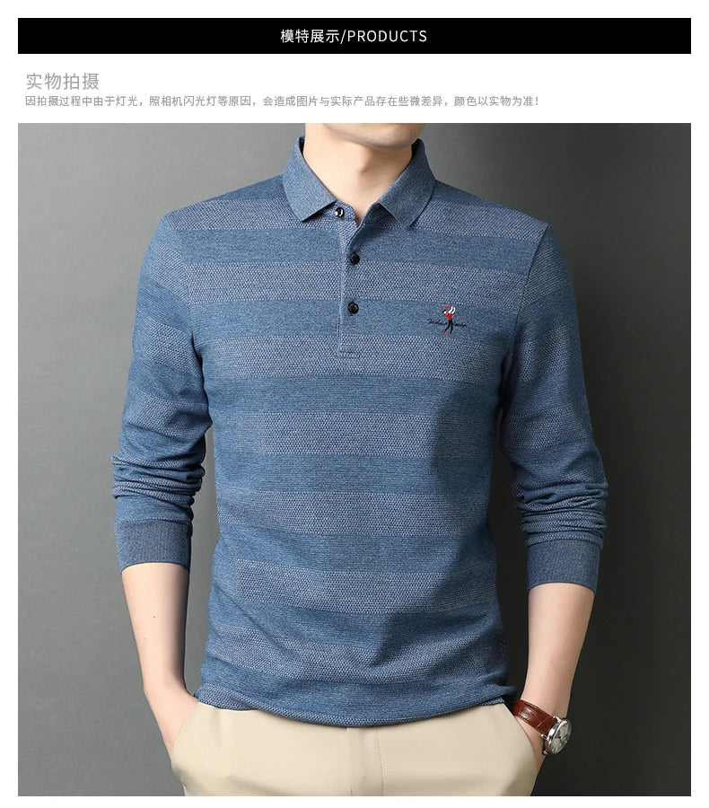 2025 High End New Fashion Brand Striped Designer Embroidery Casual Turn Down Collar Long Sleeve Polo Shirts Men Tops Men Clothes