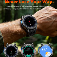 Smartwatch on a wrist with compass, altitude, and weather functions displayed.