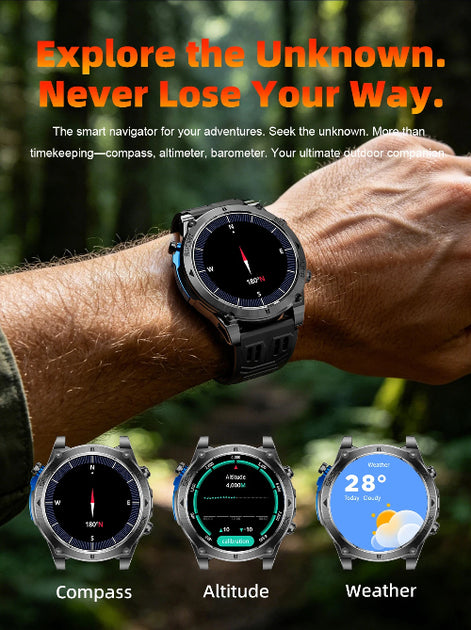 Smartwatch on a wrist with compass, altitude, and weather functions displayed.