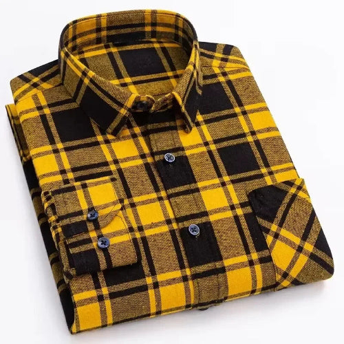 A folded long-sleeve plaid button-up shirt in yellow and black, shown on a clean white background.