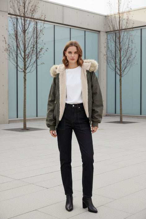 Green jacket with fur hood and trim worn by a model, brand 'ZAROY' visible.