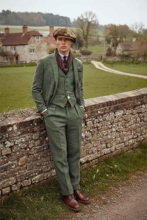 Man in a green tweed suit and cap standing in a rural setting