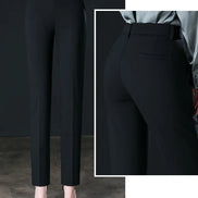 Black pants with a close-up inset showing a pocket detail, worn with black shoes on a gray background.