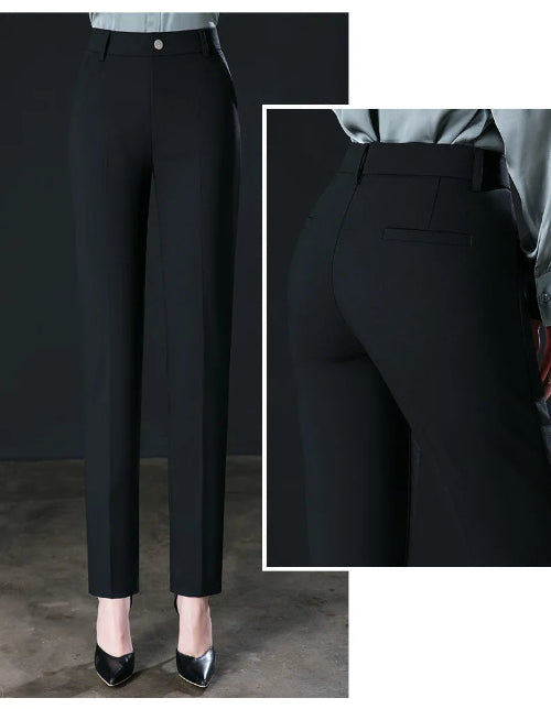 Black pants with a close-up inset showing a pocket detail, worn with black shoes on a gray background.