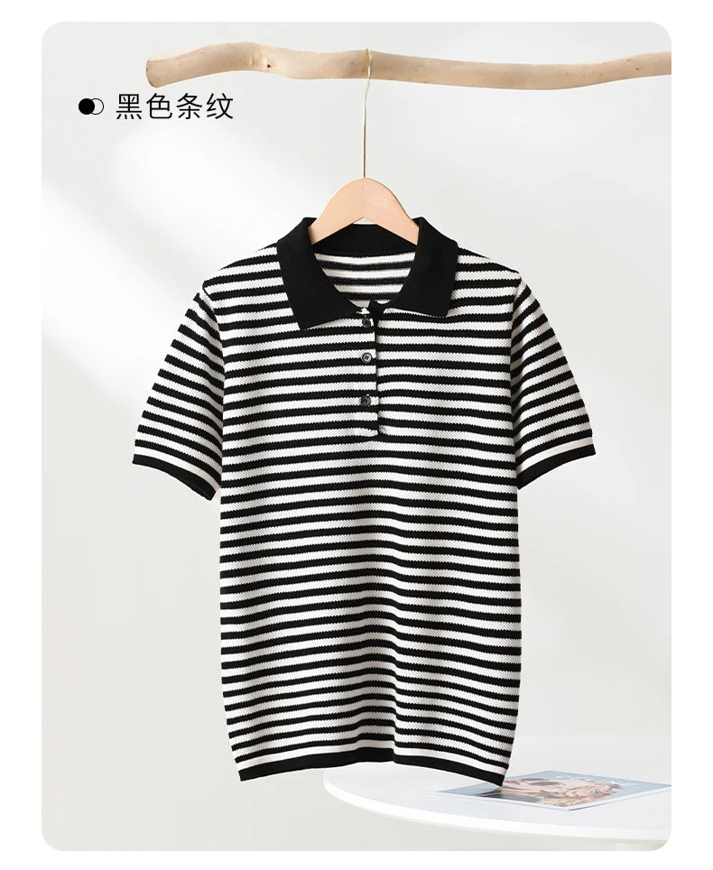 WinvyNee Summer T-shirts Women 100% Cotton Striped Tops Women Clother Polo Short Sleeve Buttons Casual Basic Pullover ZA1102004