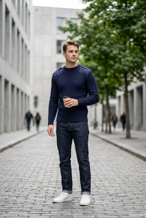 Blue ribbed sweater on a white background