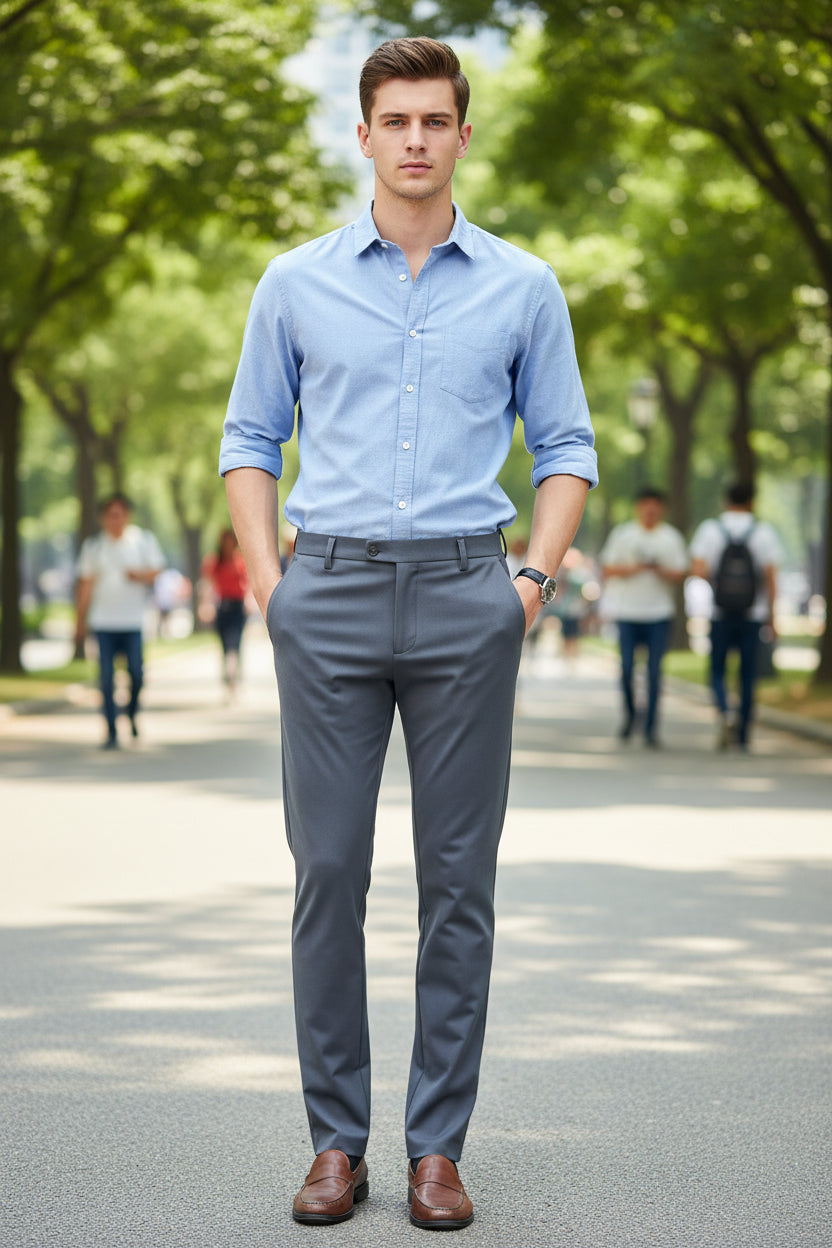 Gray pants worn by a person on a light gray background