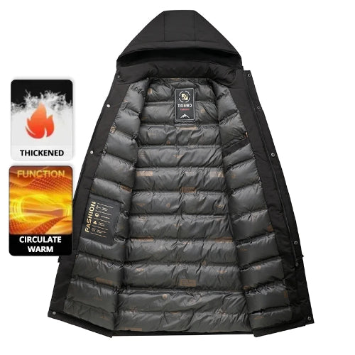 Black puffer jacket with visible brand logo on a white background