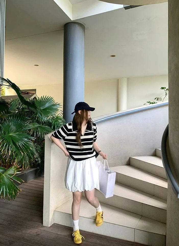 Women High Stretch Polo Shirt 2026 Stripe Short Sleeve Top Casual Color Block Splicing Openwork Knit Blouse