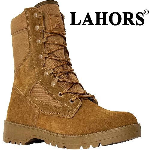 Tan boot with 'Lahors' branding on a white background