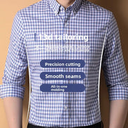 Person wearing a blue and white checkered shirt with text on a beige background