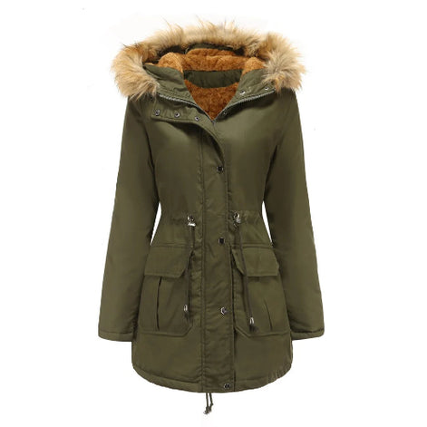 An olive green hooded parka jacket with a brown faux-fur trimmed hood and a warm brown fleece lining, featuring front flap pockets and a drawstring waist, shown against a plain white background.