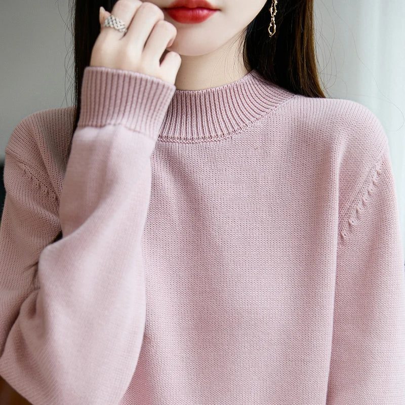 100% Pure Cotton Women's Knitted Sweater Solid Color Round Neck Pullover Loose Cotton Sweater Autumn and Winter New Women's Top
