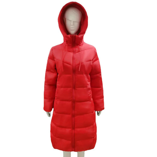 Red puffer coat on a mannequin against a white background