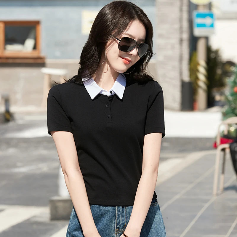Summer New Cotton Polo Shirt Solid Color Polo Neck Short Sleeve High Waist Short Style Slim Fit Fashion Casual Women's Shirt