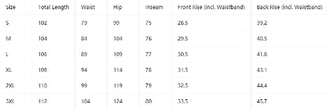 
Cargo pants size chart for sizes S–3XL, showing total length, waist, hip, inseam, and front and back rise measurements.