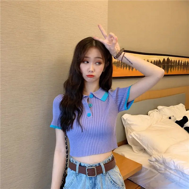Women's Polo Shirts Sexy Crop Top Button Female Tee Knitted Slim with T-shirts Collar Korean Clothing Pulovers Trend 2025 Summer