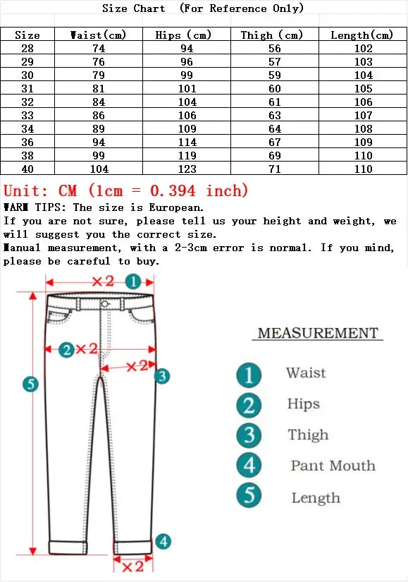 Size chart for pants with measurements in centimeters