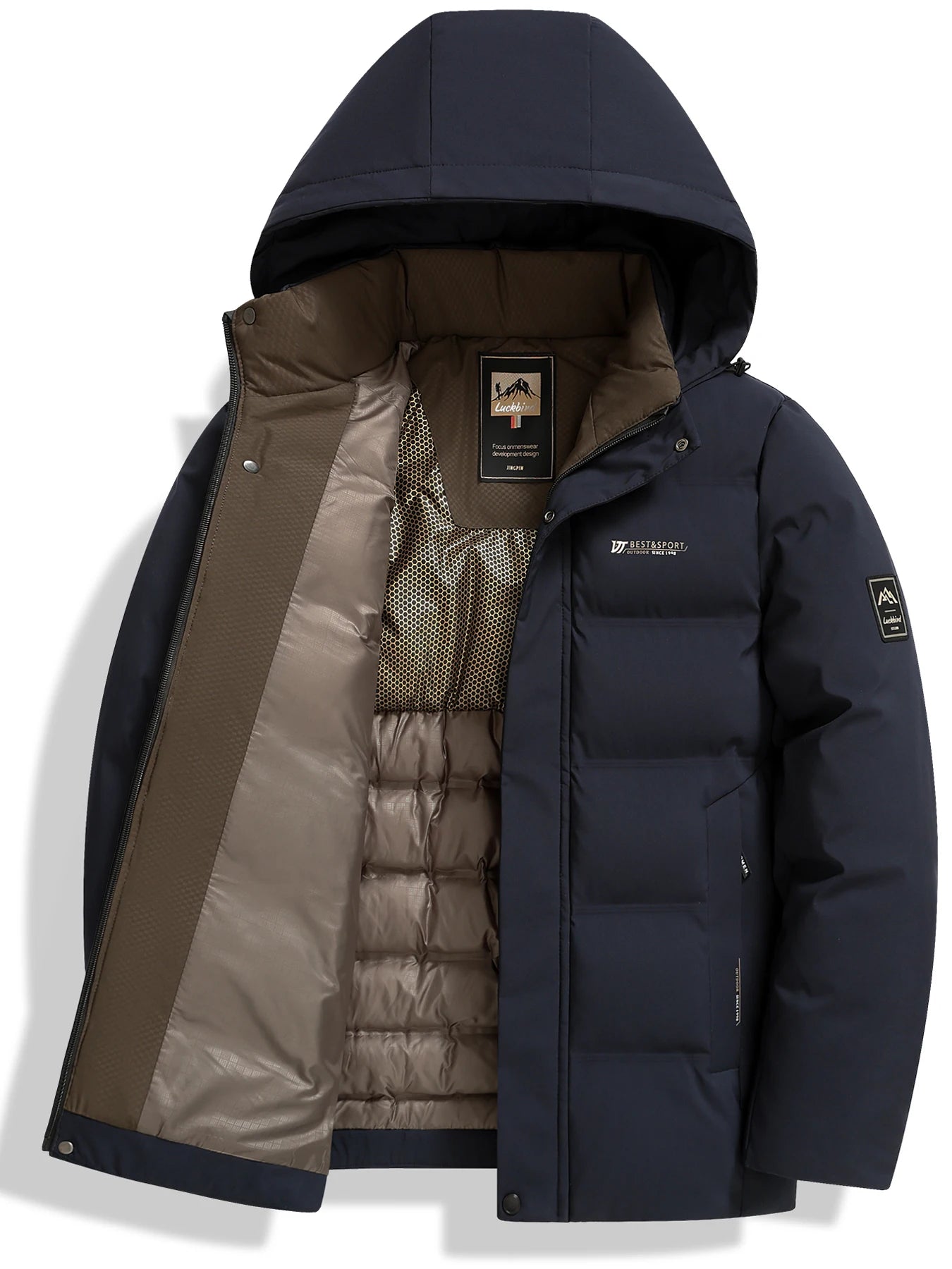 Navy blue winter jacket with brown lining on a white background