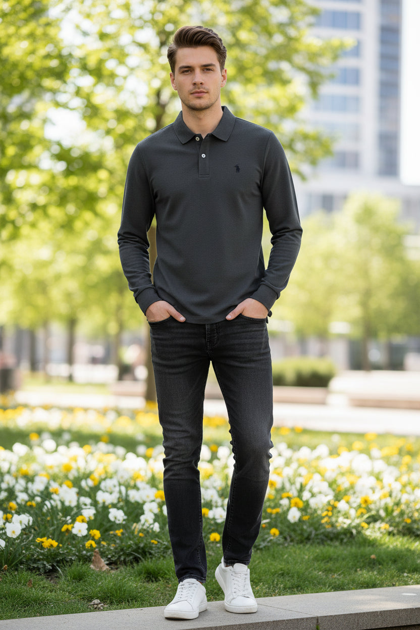 Gray long-sleeve polo shirt on a rack with other colored shirts in the background