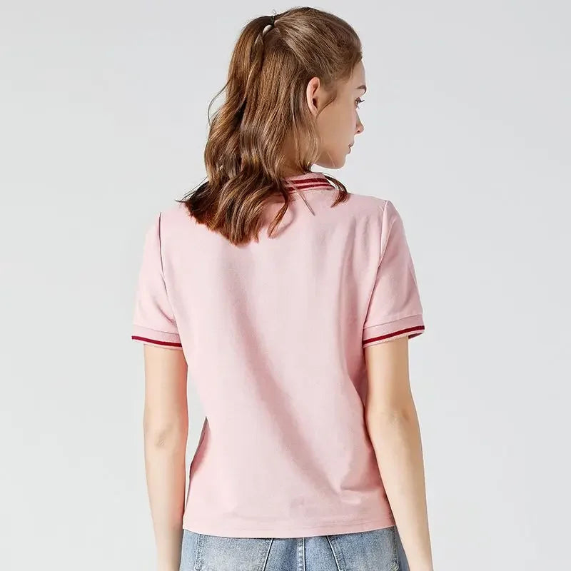 Polo Neck Shirt for Women Button 100℅ Cotton White Embroidery Baggy Woman T Pulovers High Quality Korean Popular Clothes Youth