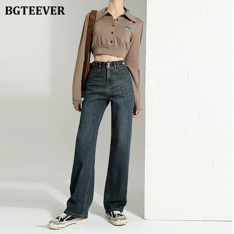 BGTEEVER Vintage Double Buttons Straight Jeans Pants Women Spring Autumn High Waist Loose Pockets Female Wide Leg Denim Trousers