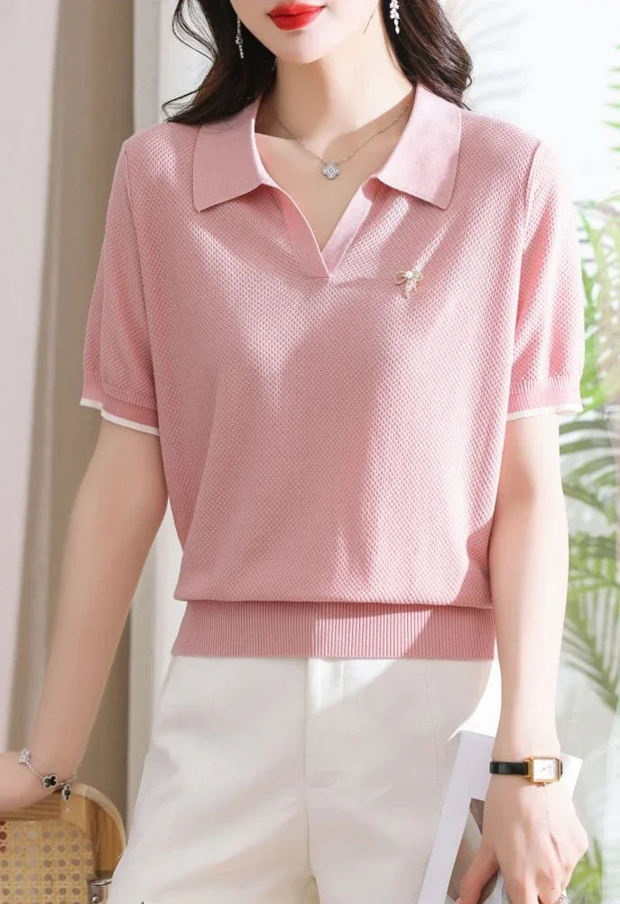 Female Tee Baggy Plain Knitted Cute T-shirts Kawaii Women's Polo Pulovers Offer Comfortable Summer 2025 with Collar New On