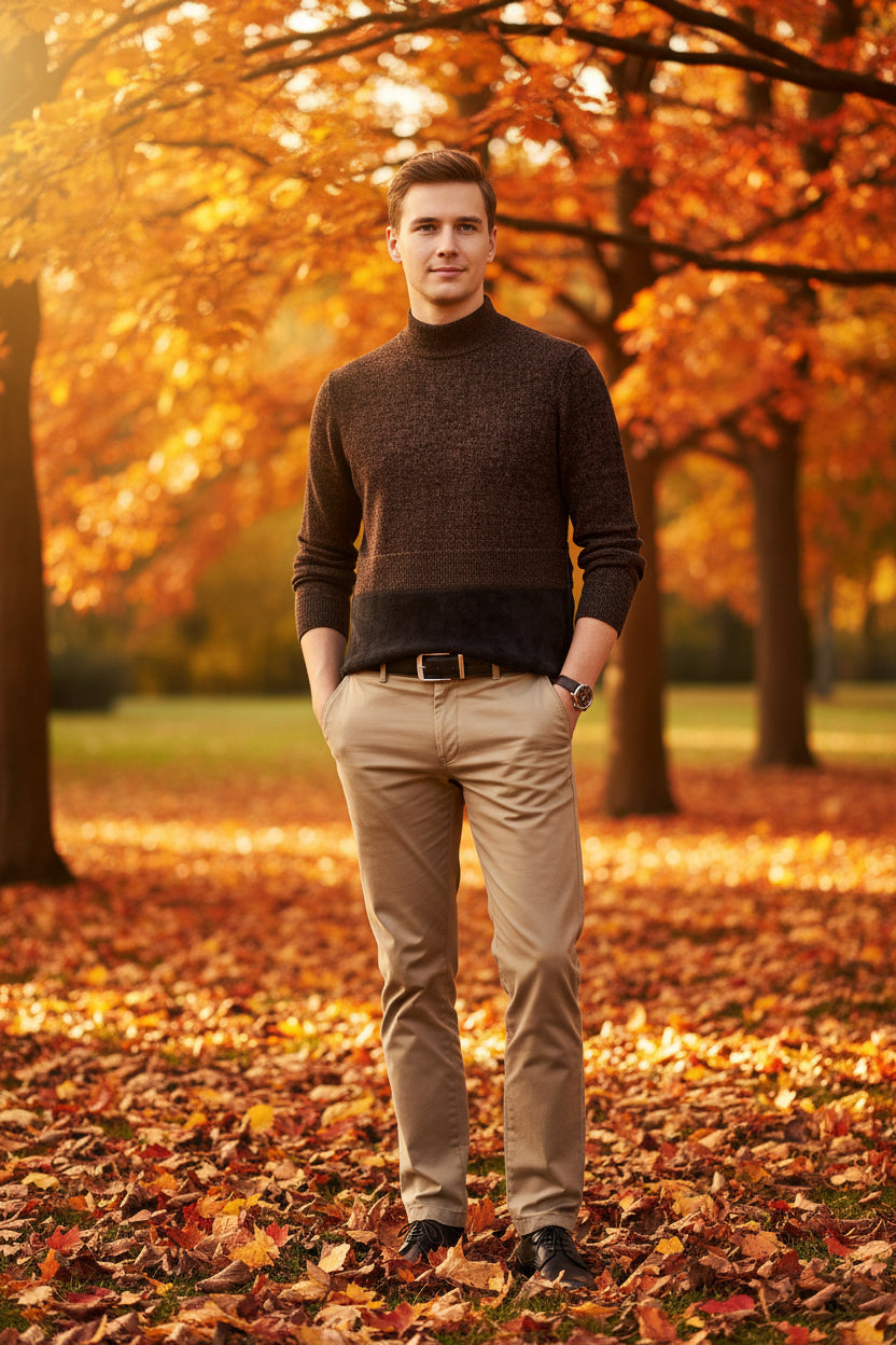 Person wearing a brown sweater over a white shirt with beige pants against a gray background