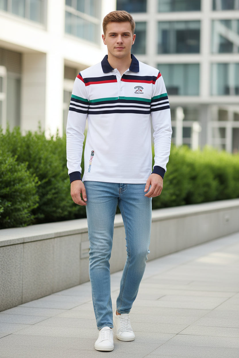White long-sleeve polo shirt with colorful stripes on a white background, featuring the Tace & Shark brand.